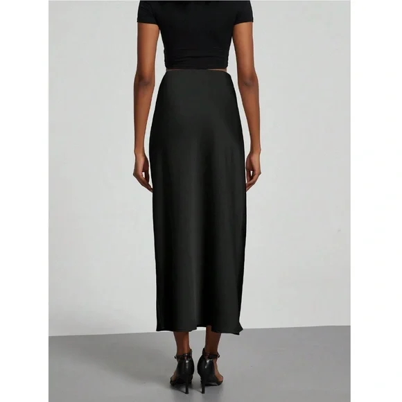 Black Satin A-Line Skirt High Waisted Long - Picture 6 of 14